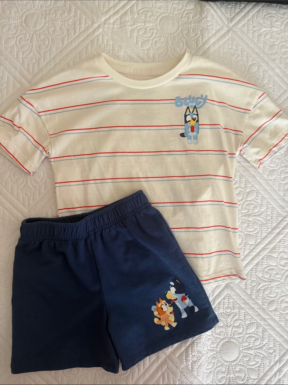 Kids Cream Striped T-Shirt & Navy Shorts Matching Set - Bluey Graphic